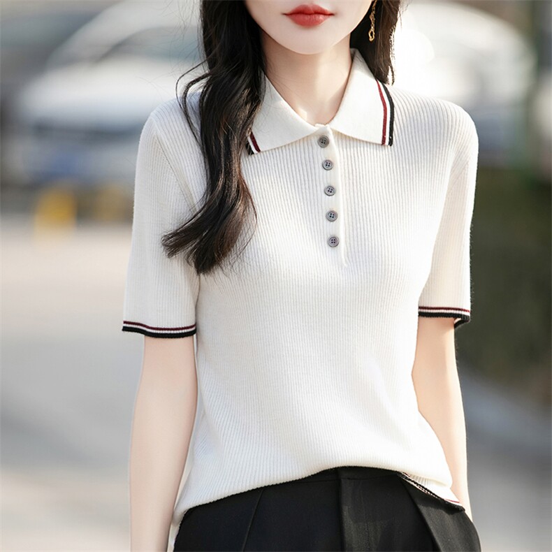 春夏Polo撞色polo翻领设计修身上衣显瘦短袖针织衫T恤,女装T恤,恩尚羊绒