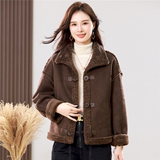 2025冬季时尚简约大方气质优雅显瘦休闲百搭潮流皮毛一体外套，女装羊羔毛/颗粒绒，独衣靓