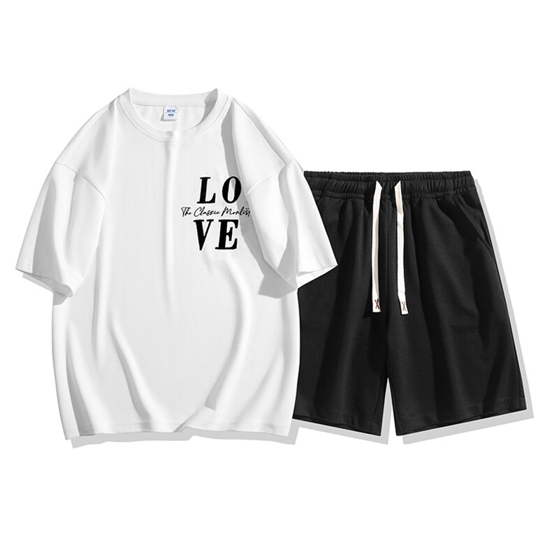 夏季运动套装日系白底休闲百搭时尚短套装CK2411+TC3131-P51控89,男装休闲套装,星座717