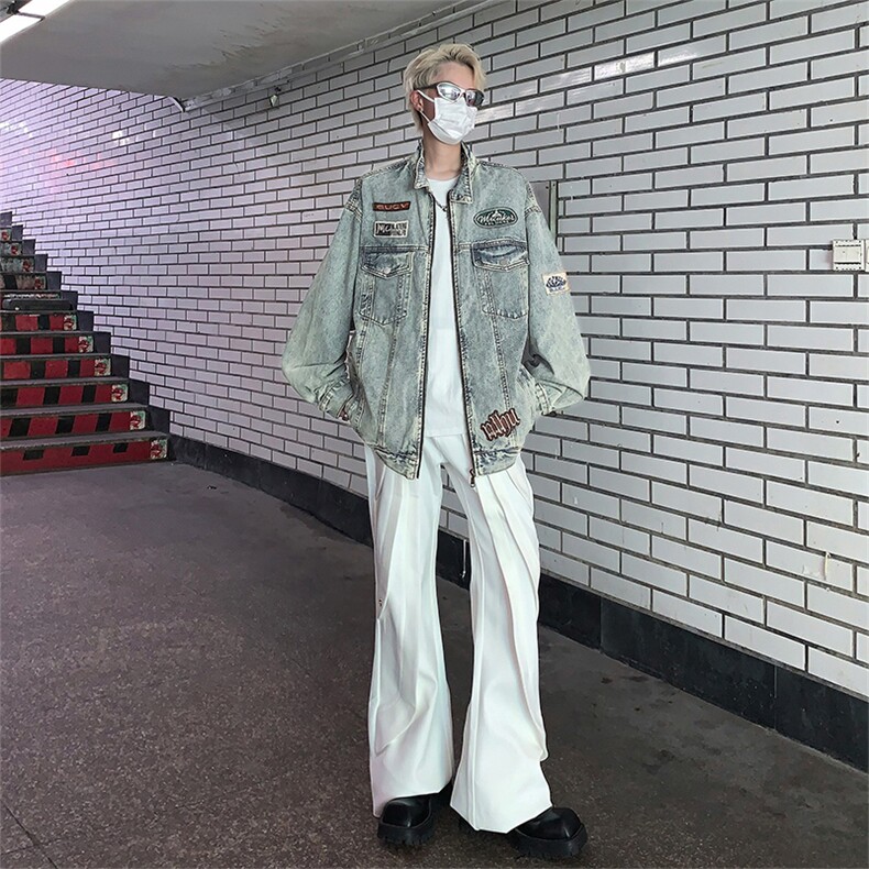 美式复古水洗牛仔外套男秋冬2024新款潮牌宽松休闲刺绣立领机车服,男装工装外套,星座505-2（原电商A260-1)