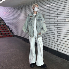 美式复古水洗牛仔外套男秋冬2024新款潮牌宽松休闲刺绣立领机车服，男装工装外套，星座505-2（原电商A260-1)
