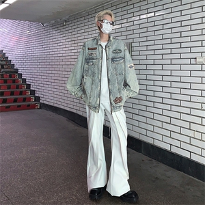 美式复古水洗牛仔外套男秋冬2024新款潮牌宽松休闲刺绣立领机车服图片