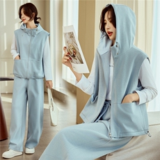 蓝色休闲运动套装女2026春装新款立领无袖卫衣马甲开衫直筒休闲裤，女装套装/套裙，梦懿尔