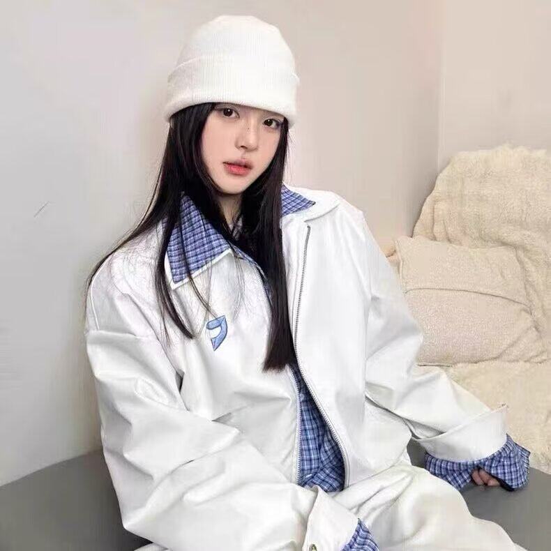 复古宽松翻领PU皮夹克假两件短外套女秋装新款休闲小个子外套，男装夹克，星座506A