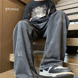 抖音美式复古水洗磨毛牛仔裤宽松直筒裤子B315-K23414-p55控68图片