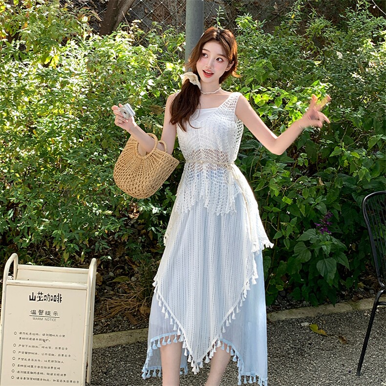 波西米亚度假风套装裙女2025夏新款镂空马甲背心流苏半身裙三件套,女装套装/套裙,浙宝220