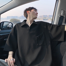 特批P22无差价夏季纽扣口袋亨利领男宽松华夫格翻领T恤上衣T5190，男装T恤，电商A001-1
