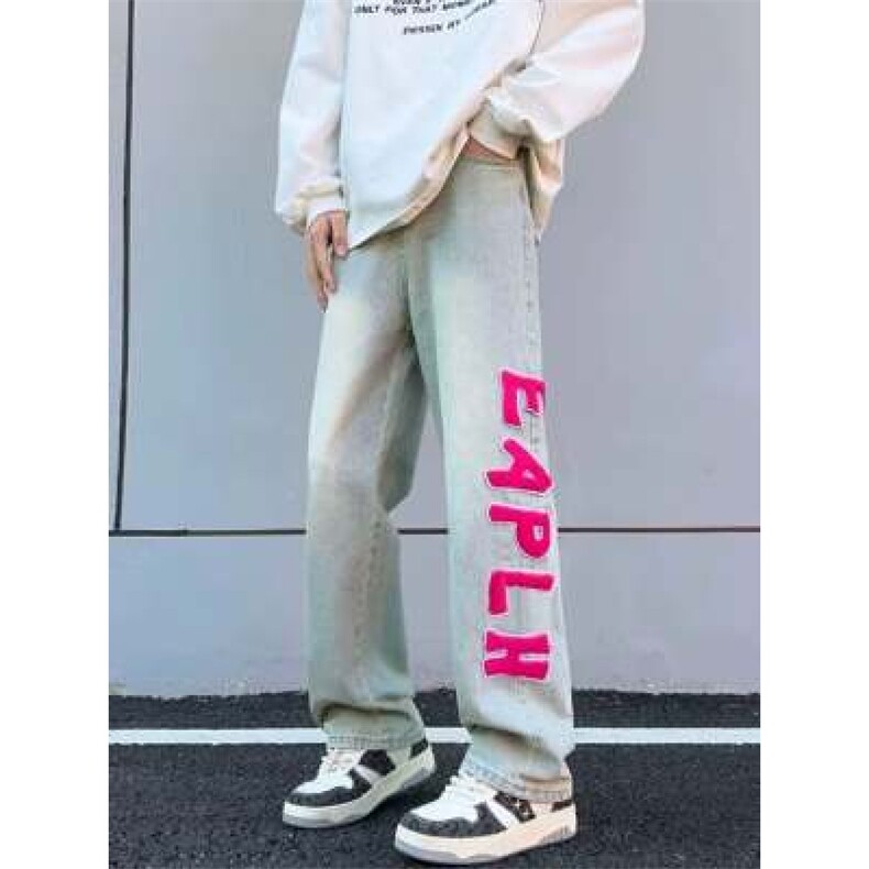 美式高街黄泥色牛仔裤男春秋新款刺绣潮牌宽松直筒百搭长裤子,男装牛仔裤,四季星座505