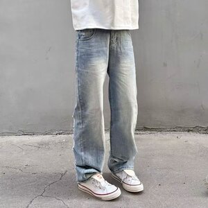 美式街头破洞牛仔裤男夏季高街复古水洗直筒长裤A1614-P47图片