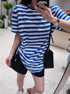夏季新款 条纹不规则抽绳短袖图片