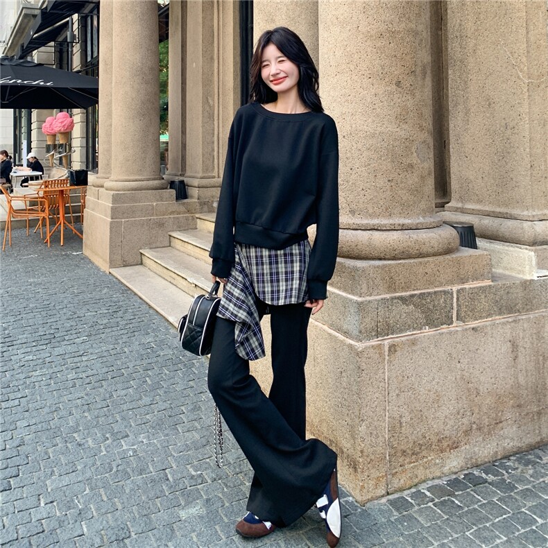 休闲格纹拼接卫衣阔腿裤套装女春秋松弛感运动两件套ootd减龄超火,女装套装/套裙,2C236