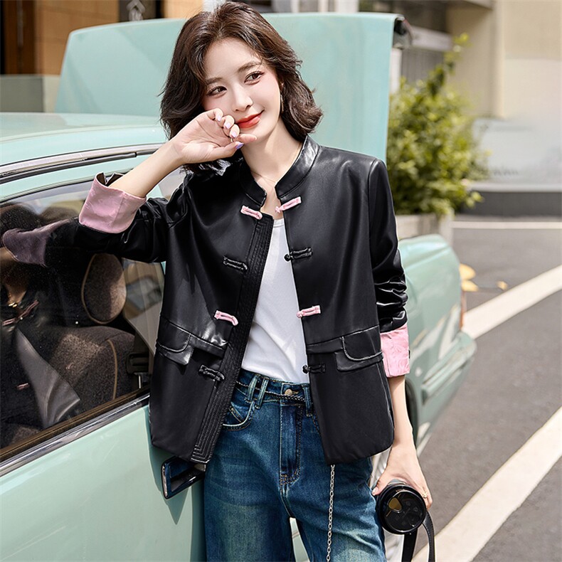 海宁盘扣皮衣外套女2025春季新款复古高级感气质短款黑色上衣服,女装皮衣,江南女神