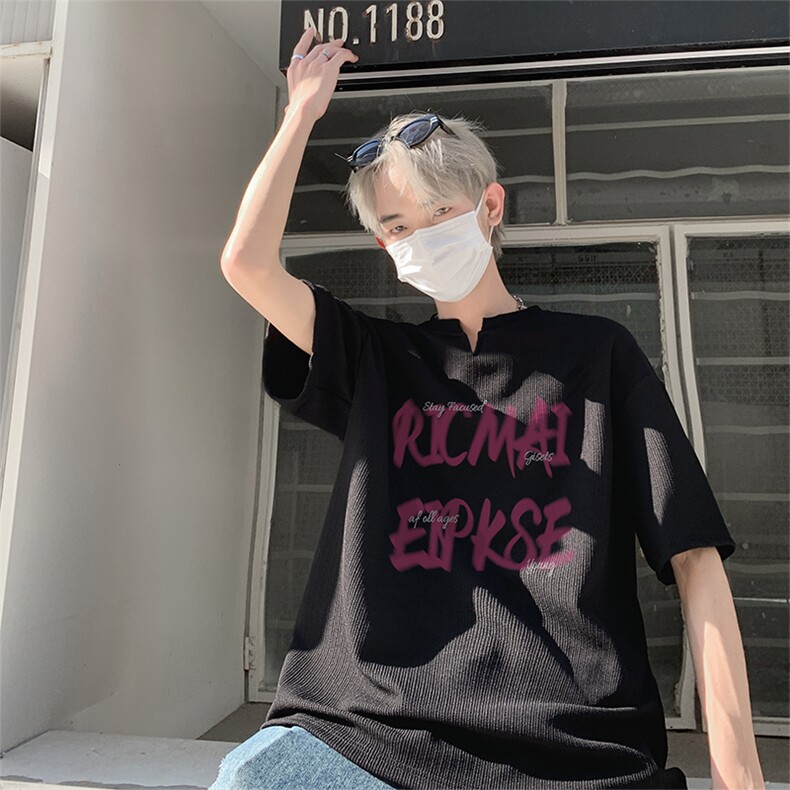 已注册新款美式抖音直播得物痞帅肌理感V领短袖T7523P25控39,男装T恤,电商C408-1(原B339-1)