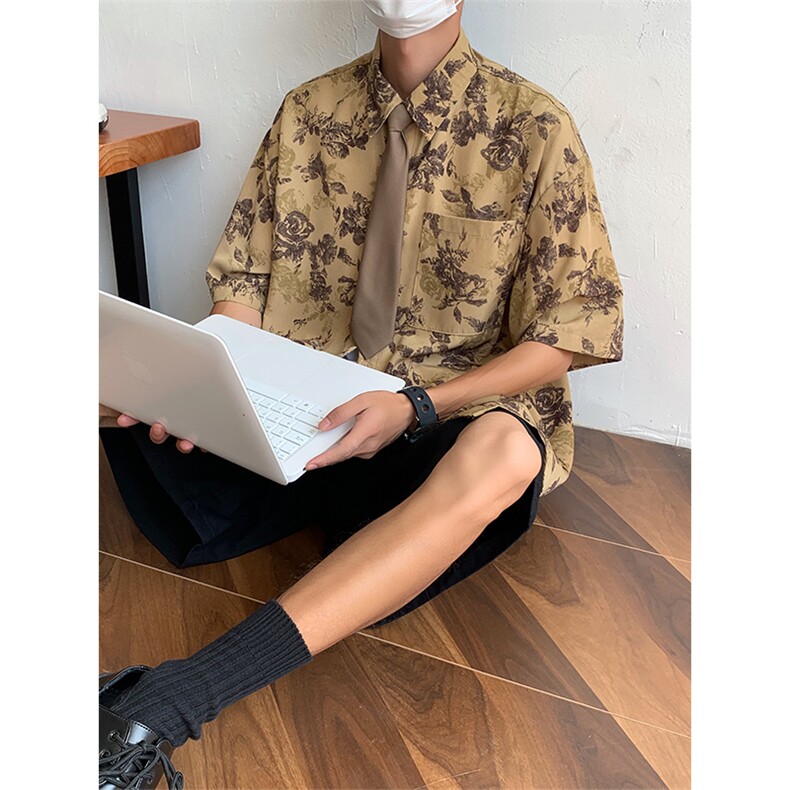 日系古着vintage碎花短袖衬衫男女夏季港味chic宽松休闲上衣外套，男装衬衫，星座601-2