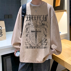 抖音供货、秋季现货水洗棉宽松版重磅长袖T恤D223A-ST231-特P38，男装T恤，电商019-1