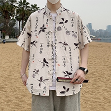 盘扣花纹短袖衬衫男士夏季复古唐装新中式风衬衣潮7009P40，男装衬衫，电商A056