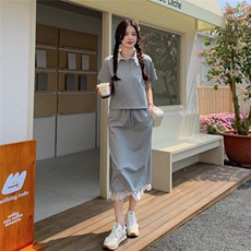 学院风蕾丝拼接上衣半身裙套装女2025年夏季新款韩系浅灰色两件套，女装套装/套裙，2C135