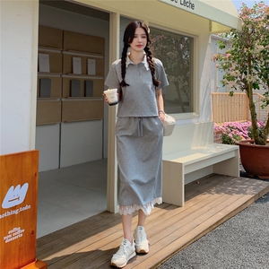 学院风蕾丝拼接上衣半身裙套装女2025年夏季新款韩系浅灰色两件套图片