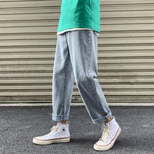 港风夏款男牛仔裤宽松下坠系带直筒九分裤n，男装牛仔裤，星座1013-1