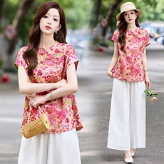新中式风套装女2025夏新款印花盘扣旗袍上衣阔腿裤两件套，女装套装/套裙，木橙西子