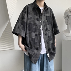 夏季格子短袖牛仔衬衫男ins港风日系潮牌复古水洗上衣WLC1111-P50，男装T恤，星座1008