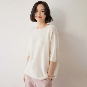 轻柔软糯~baby小山羊绒针织短袖女圆领宽松毛衣五分袖打底衫新款图片