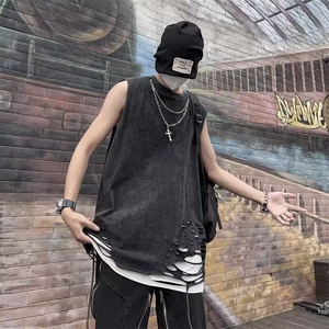 夏季水洗复古纯棉背心男下摆破洞外穿高街潮牌嘻哈hiphop无袖T恤图片