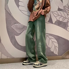 美式复古做旧水洗绿色宽松牛仔裤高街vibe裤子男休闲裤NZ090-P50，男装牛仔裤，星座1103-2