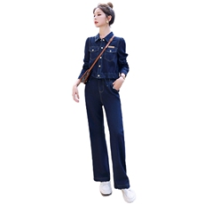 时髦减龄牛仔套装女2025春秋小个子时尚洋气显瘦外套阔腿裤两件套，女装套装/套裙，意芙