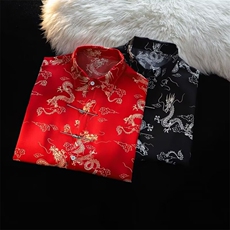新中式短袖衬衫男款夏季黑金龙纹唐装衬衣风半袖外套CY927-P42，男装衬衫，星座412-3