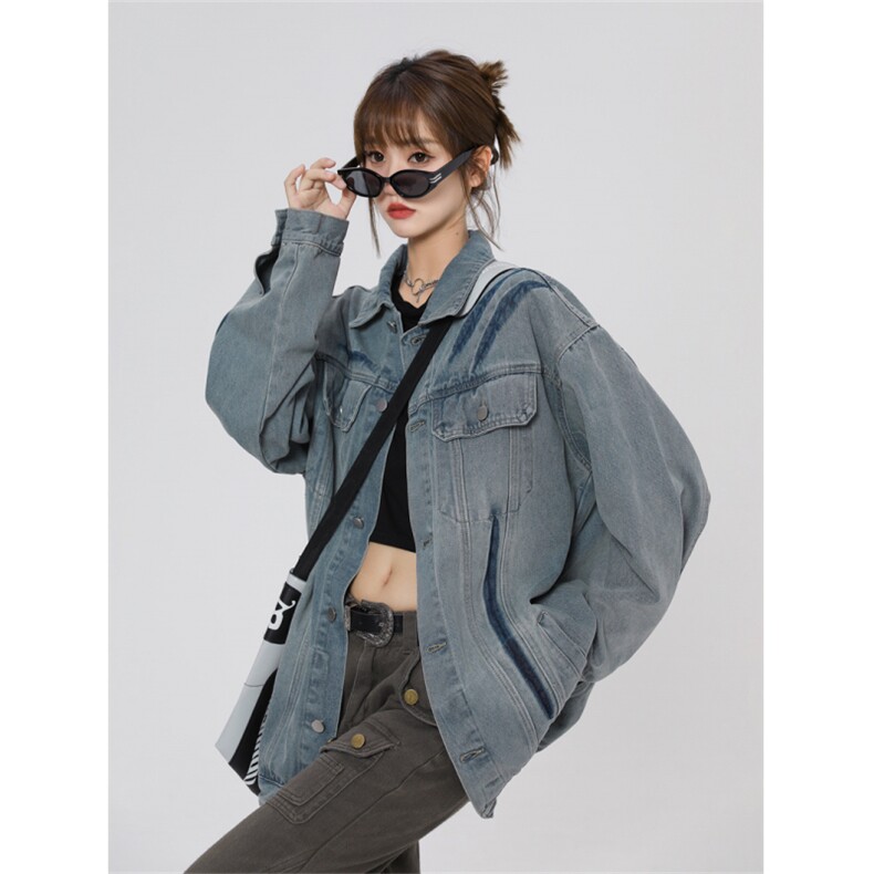潮牌美式复古撞色图鸦情侣棒球服牛仔外套221-1-JK2310-P90控128图片