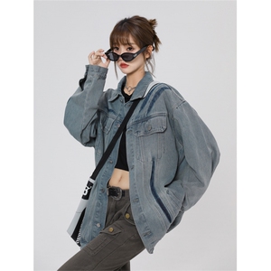 潮牌美式复古撞色图鸦情侣棒球服牛仔外套221-1-JK2310-P90控128图片