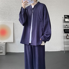 新款棉麻松弛感老钱风慵懒简约衬衫套装TZ796-特P80上衣P45裤35，男装休闲套装，电商A059