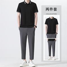 冰丝套装夏季九分休闲西裤男长裤修身韩版短袖POLO衫两件套潮，男装衬衫，星座505-2（原电商A260-1)