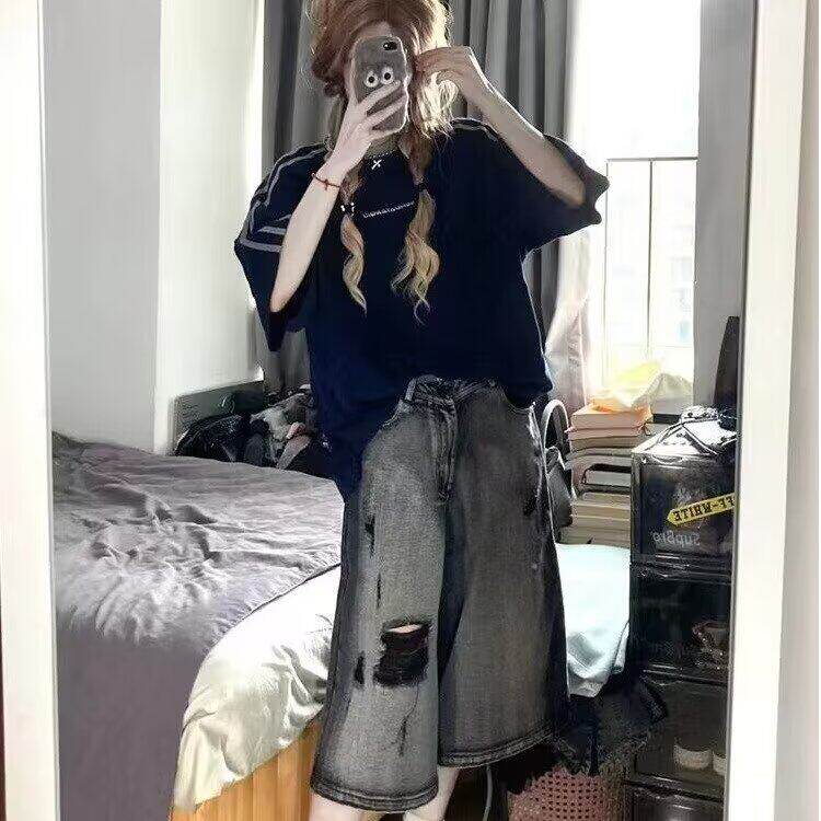 【网图现货】美式复古水洗破洞七分牛仔裤K615/特P40，女装牛仔裤，星座205-3