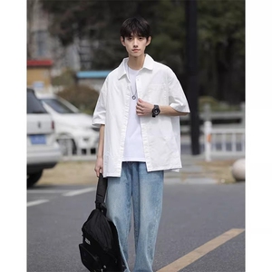 白色短袖衬衫男夏季日系cityboy休闲衬衣潮流宽松青少年百搭外套图片