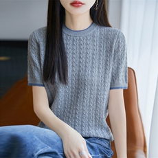 纯棉白色t恤女短袖简约女装高级感上衣宽松薄款透气圆领针织小衫，女装T恤，秋双羊绒
