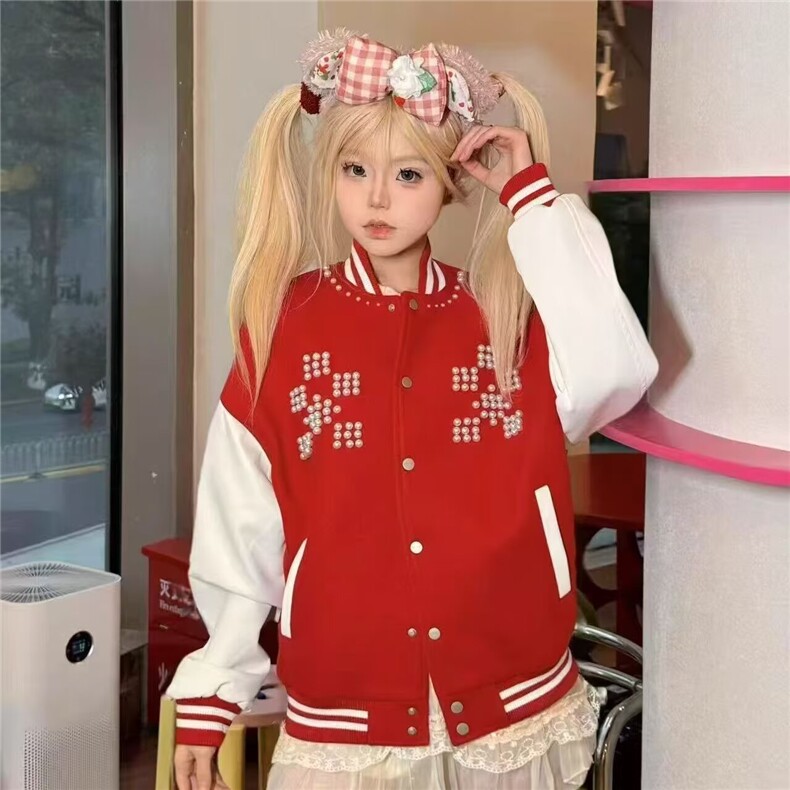 美式珍珠刺绣拼接撞色棒球服外套男女春季情侣休闲宽松夹克,男装夹克,星座506A