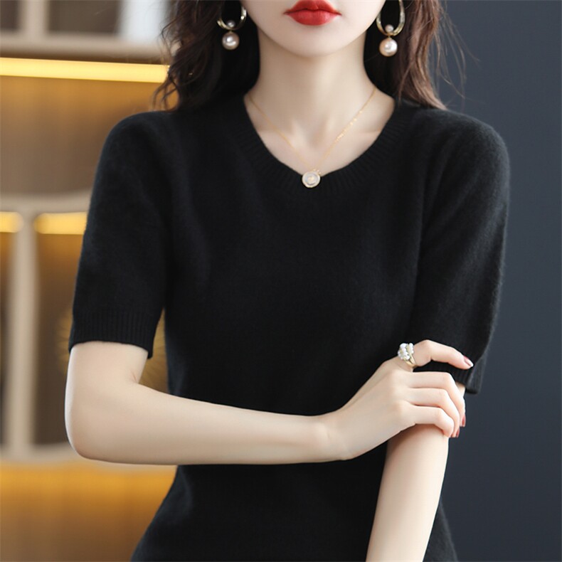 春夏圆领短袖女羊毛衫宽松短款打底衫半袖针织衫薄款中袖羊绒毛衣，女装羊毛衫，暖钟情羊绒