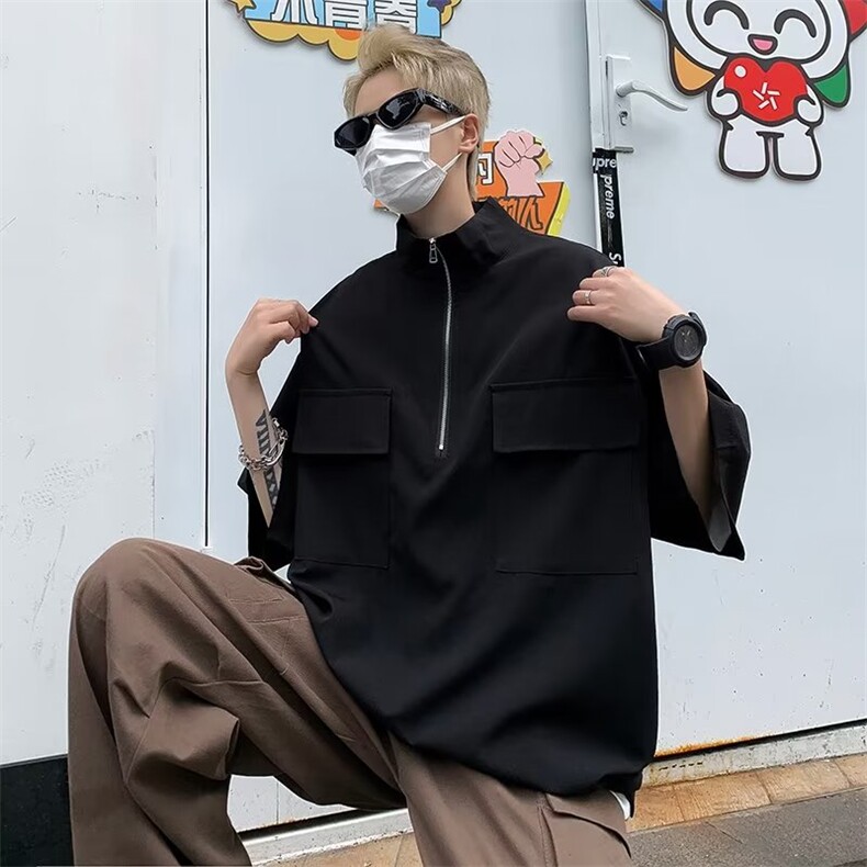 夏季半拉链衬衫男生垂坠感小众短袖T恤衬衣可高领衣服TE034,男装T恤,星座1116A-1（原606A）