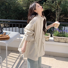 白色工装风衣外套女2025春季新款韩系高级感抽绳收腰休闲立领上衣，女装短外套，2C206