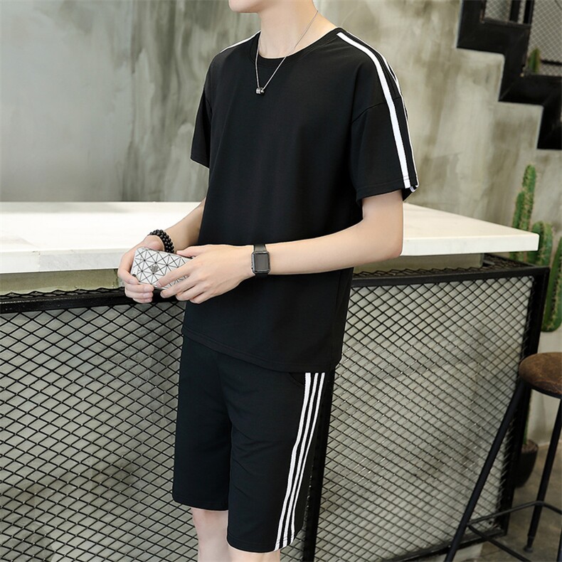 夏季 薄款 运动 宽松 青少年 青春流行 青春活力 2021年 插肩袖 圆领 条纹 套装图片