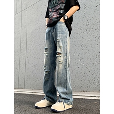 B221美式ins高街暗黑小众夏季重工艺破洞牛仔裤LK24178-P65控88，男装牛仔裤，电商B221