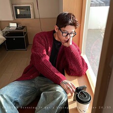 秋季复古潮牌纯色开衫毛衣男宽松情侣慵懒针织衫外套M368-P54，男装针织衫/毛衣，星座208-5