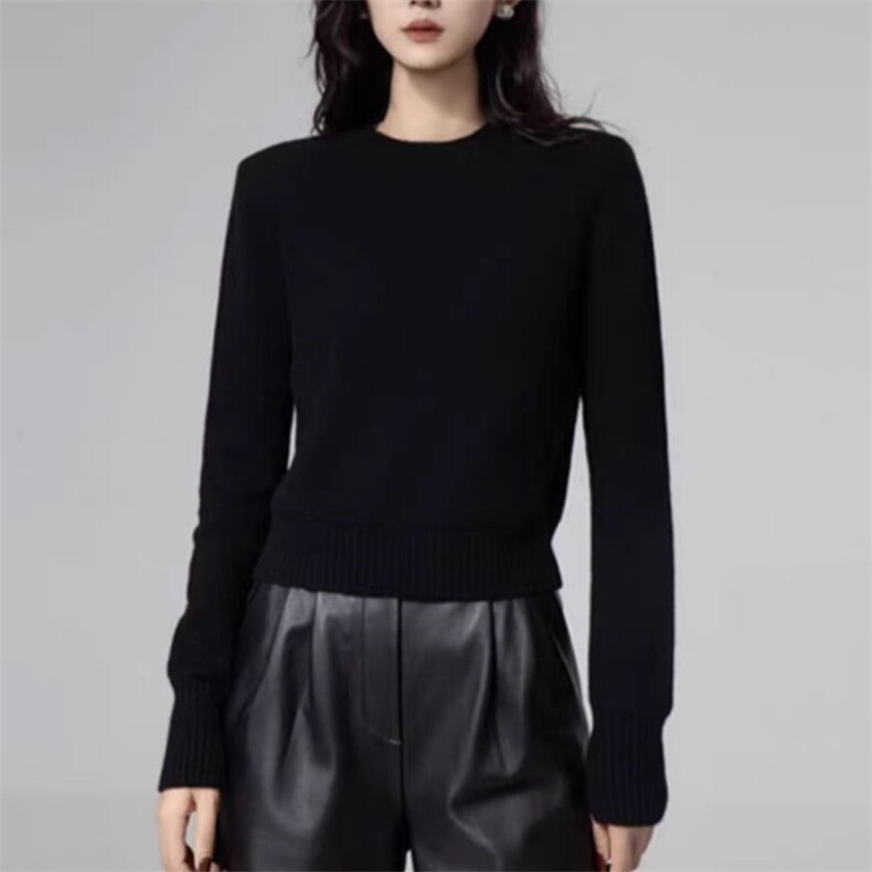 时尚百搭黑色短款圆领女士羊毛衫羊毛显瘦修身毛衣，女装羊毛衫，旭驰羊绒