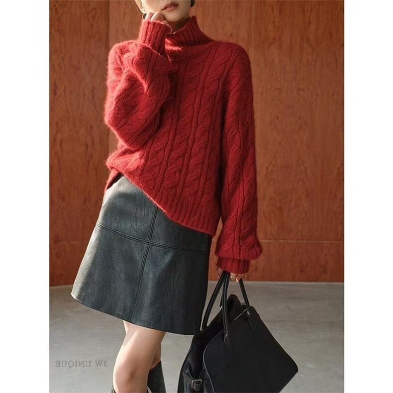 2025年秋季新款高领麻花纹针织上衣时尚休闲通勤百搭，女装针织衫/毛衣，恒恩羊绒