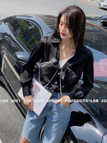 欧洲站欧货2021春夏新款珍珠项链欧根纱蝴蝶结真丝衬衫，女装衬衫，丽身伴