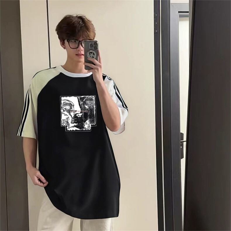 抖音得物品质二开240克宽松纯棉美式潮牌插肩三杠织带短袖T恤,男装T恤,电商A486
