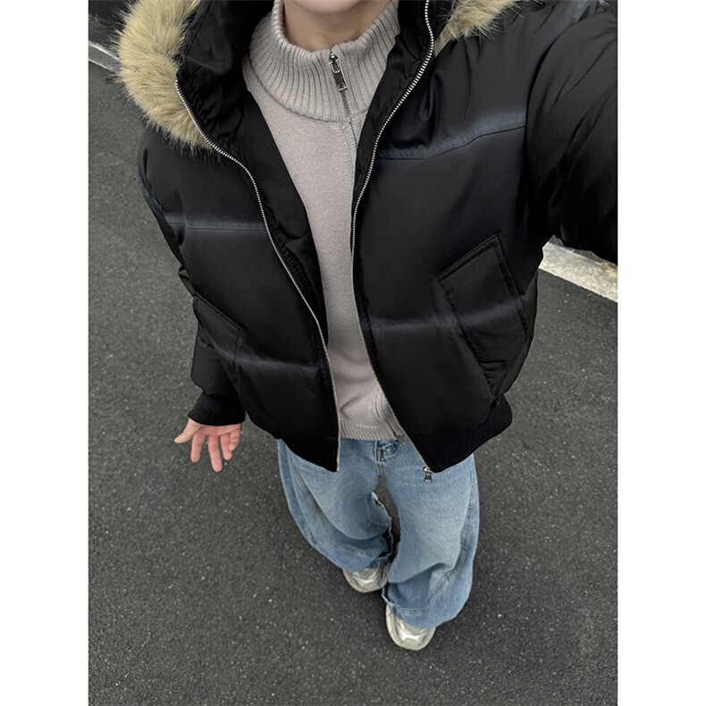 美式长毛爆版基础款大毛领皮外套连帽棉服男冬季夹棉,男装棉衣,星座307A