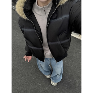 美式长毛爆版基础款大毛领皮外套连帽棉服男冬季夹棉图片